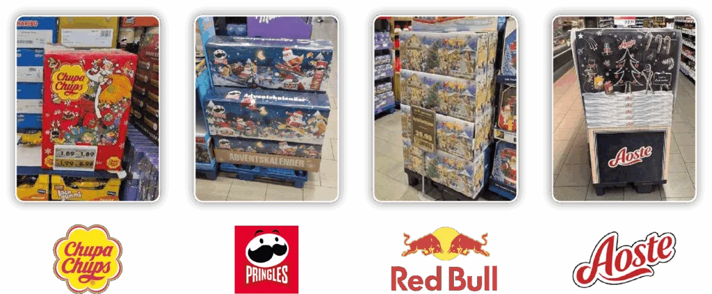 Advent calendars from Red Bull, Aoste, Chupa Chups and Pringles on a German store shelf